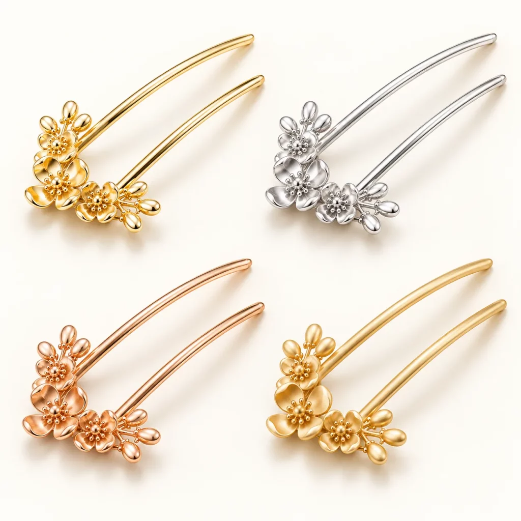 Floral double-prong hair pins shown in gold, silver, rose gold, and matte gold-tone finishes for surface color comparison.