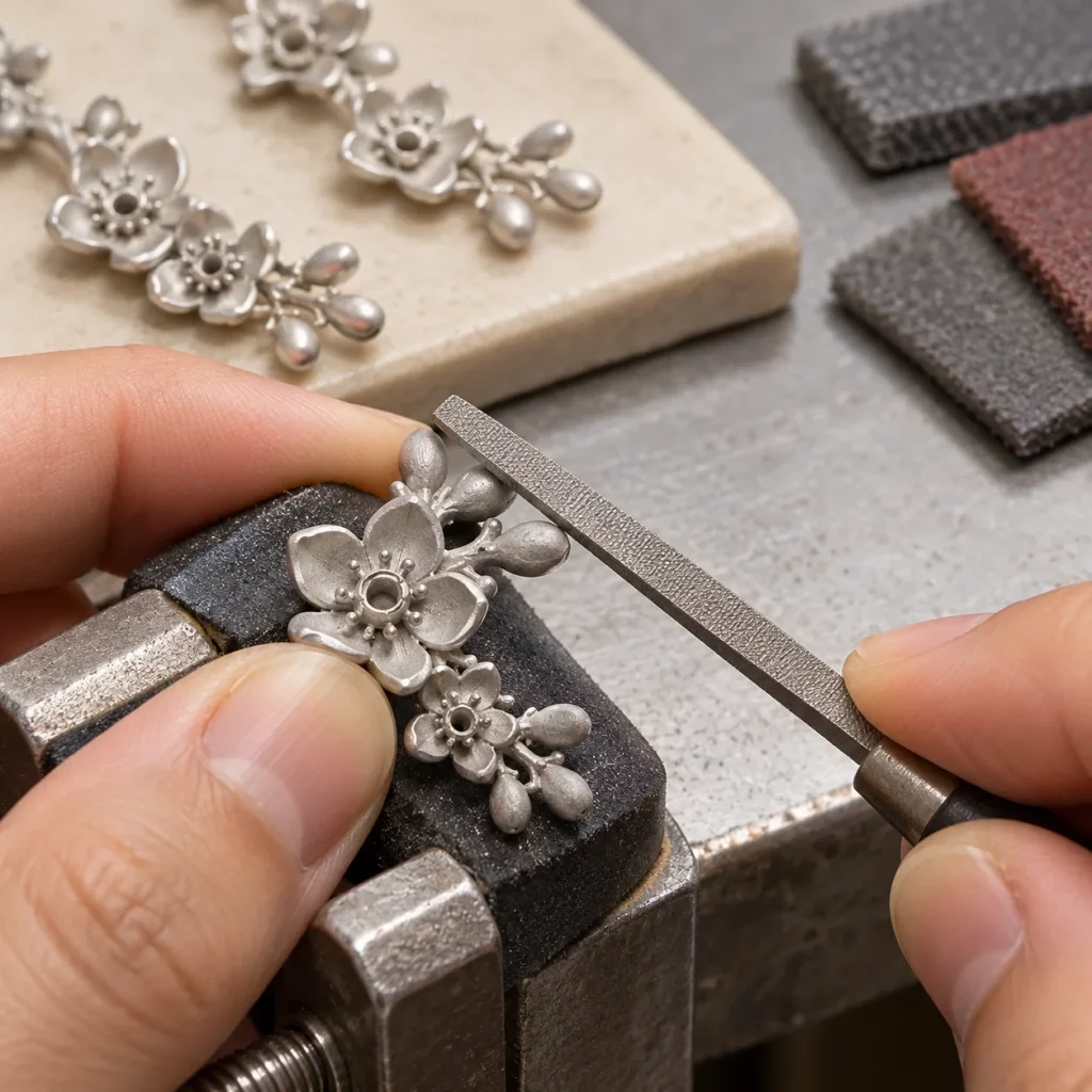 Metal floral hair pin component being hand-filed to remove rough edges and burrs before surface finishing and assembly.