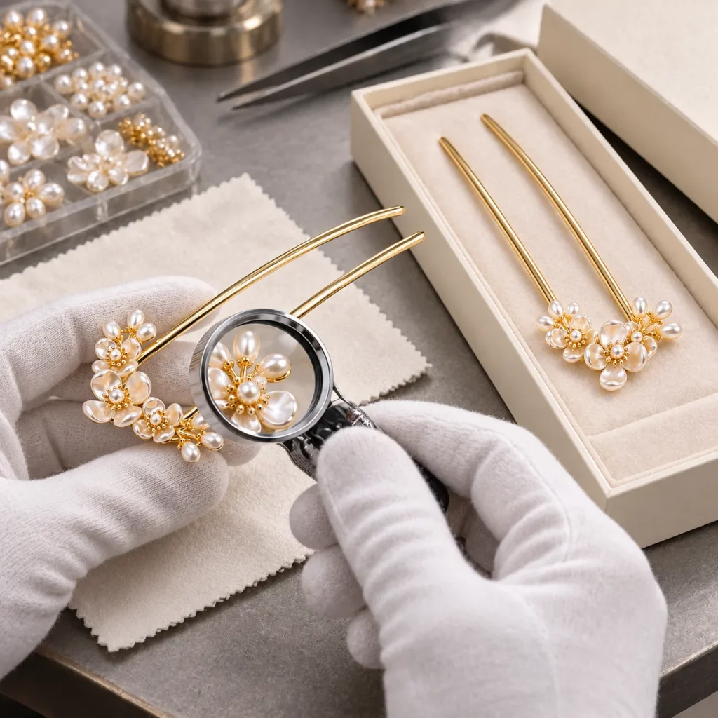 Finished floral hair pin being inspected with a magnifier before protective packaging and final shipment preparation.