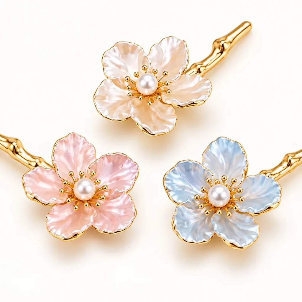 Floral hair stick design shown with ivory, pink, and light blue iridescent petal color options and pearl-style centers.