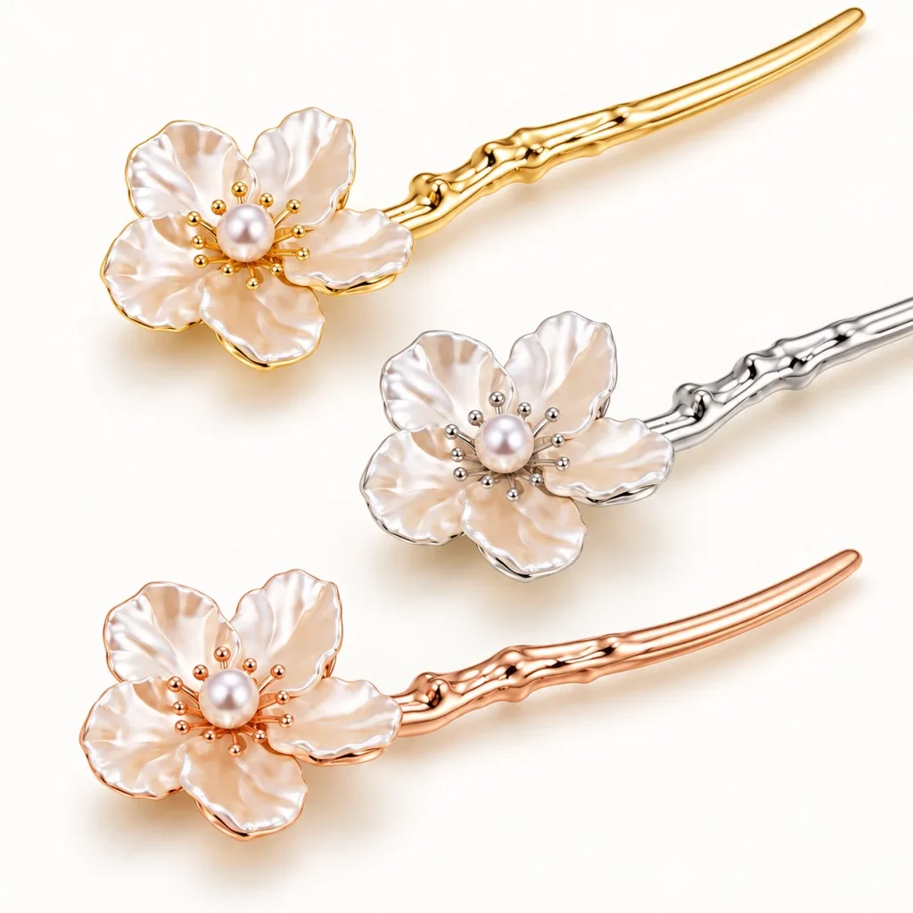Floral hair stick shown in gold, silver, and rose gold-tone metal finishes for custom color selection.