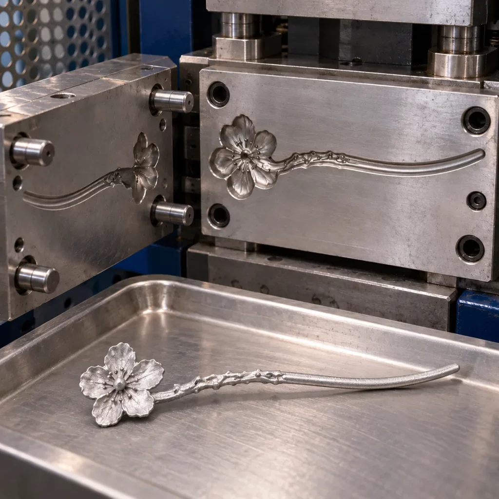 Metal mold and unfinished floral hair stick blank shown before excess metal trimming, surface finishing, and decorative assembly.