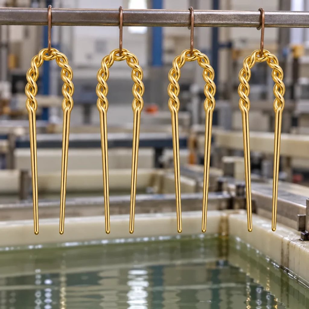 Gold-plated braided U-shaped hair forks hanging on a production rack during the jewelry plating and finishing process.