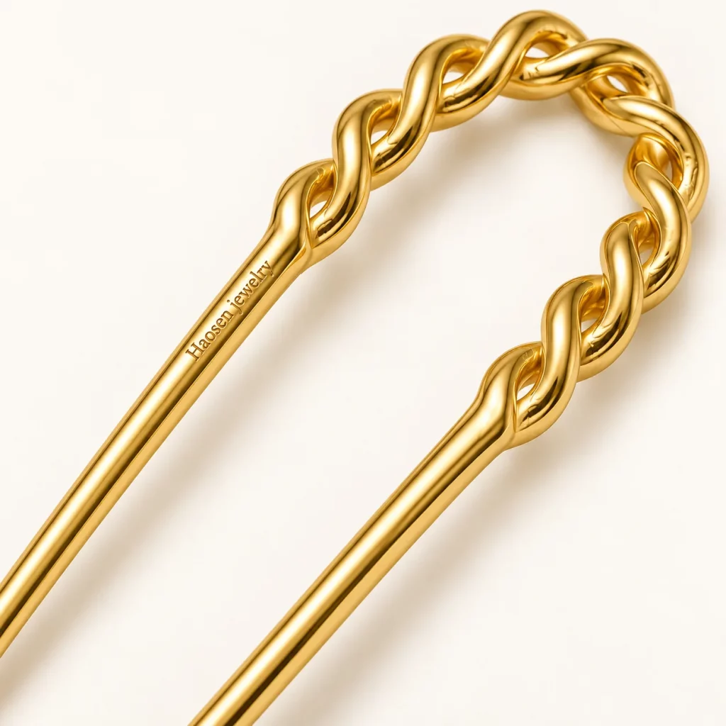 Gold-plated braided U-shaped two-prong hair fork with a polished finish and twisted decorative upper section.