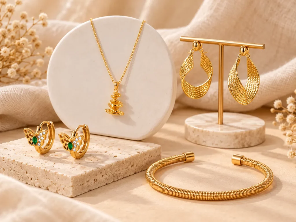Gold-tone fashion jewelry collection featuring a pendant necklace, textured drop earrings, butterfly hoop earrings, and a cuff bracelet.