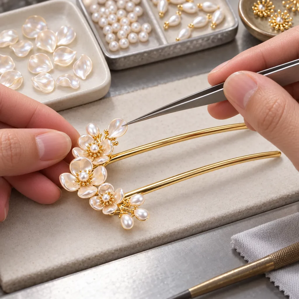 Worker assembling iridescent flower petals and pearl accents onto a gold-plated double-prong floral hair pin.