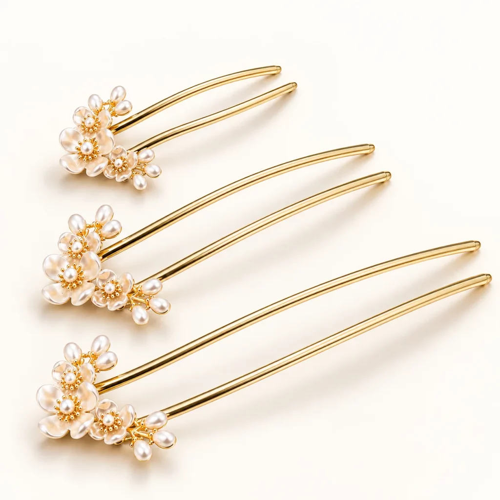 Three gold-tone double-prong floral hair pins in different lengths shown side by side for size and proportion comparison.