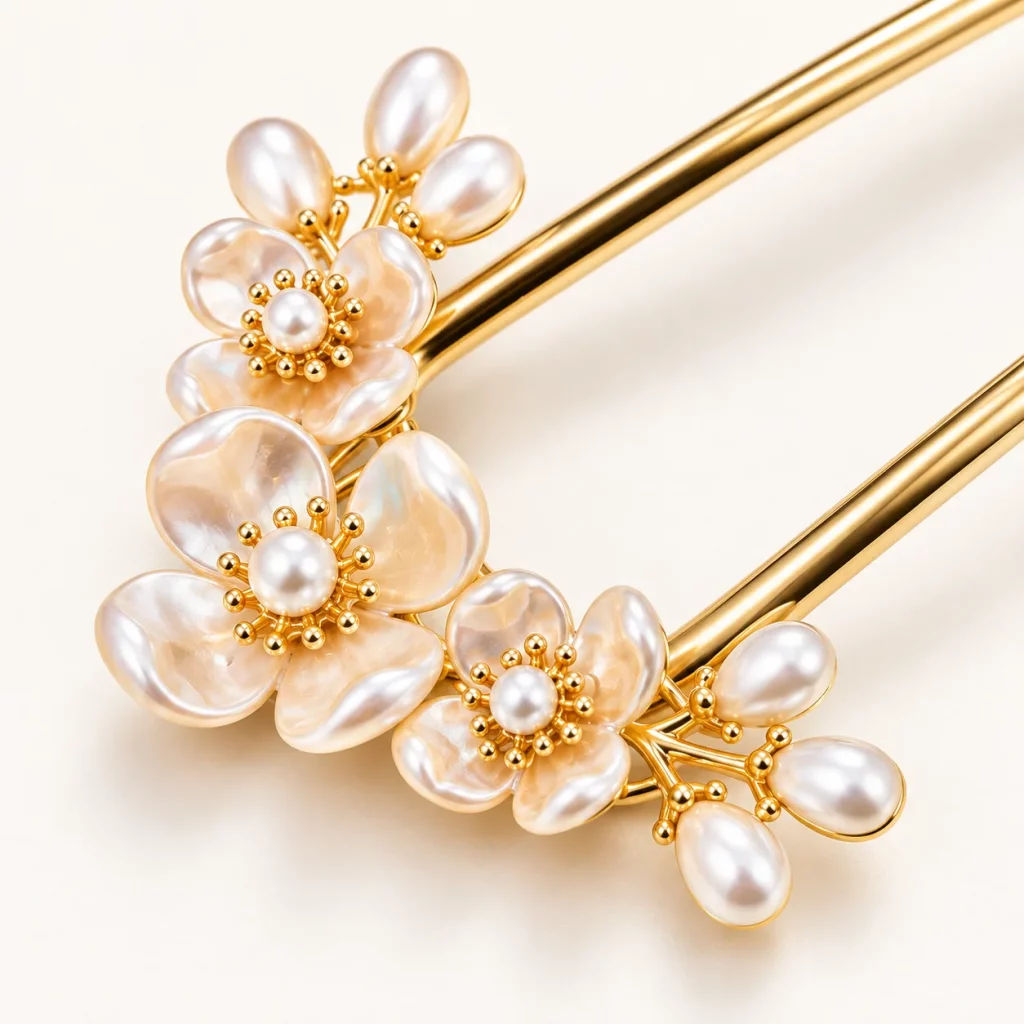 Close-up of a gold-tone double-prong floral hair pin showing iridescent petals, pearl centers, and decorative branch details.