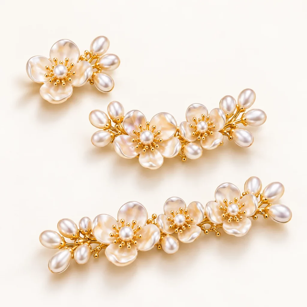 Three gold-tone floral hair accessory designs with iridescent petals and pearl accents shown for style comparison.