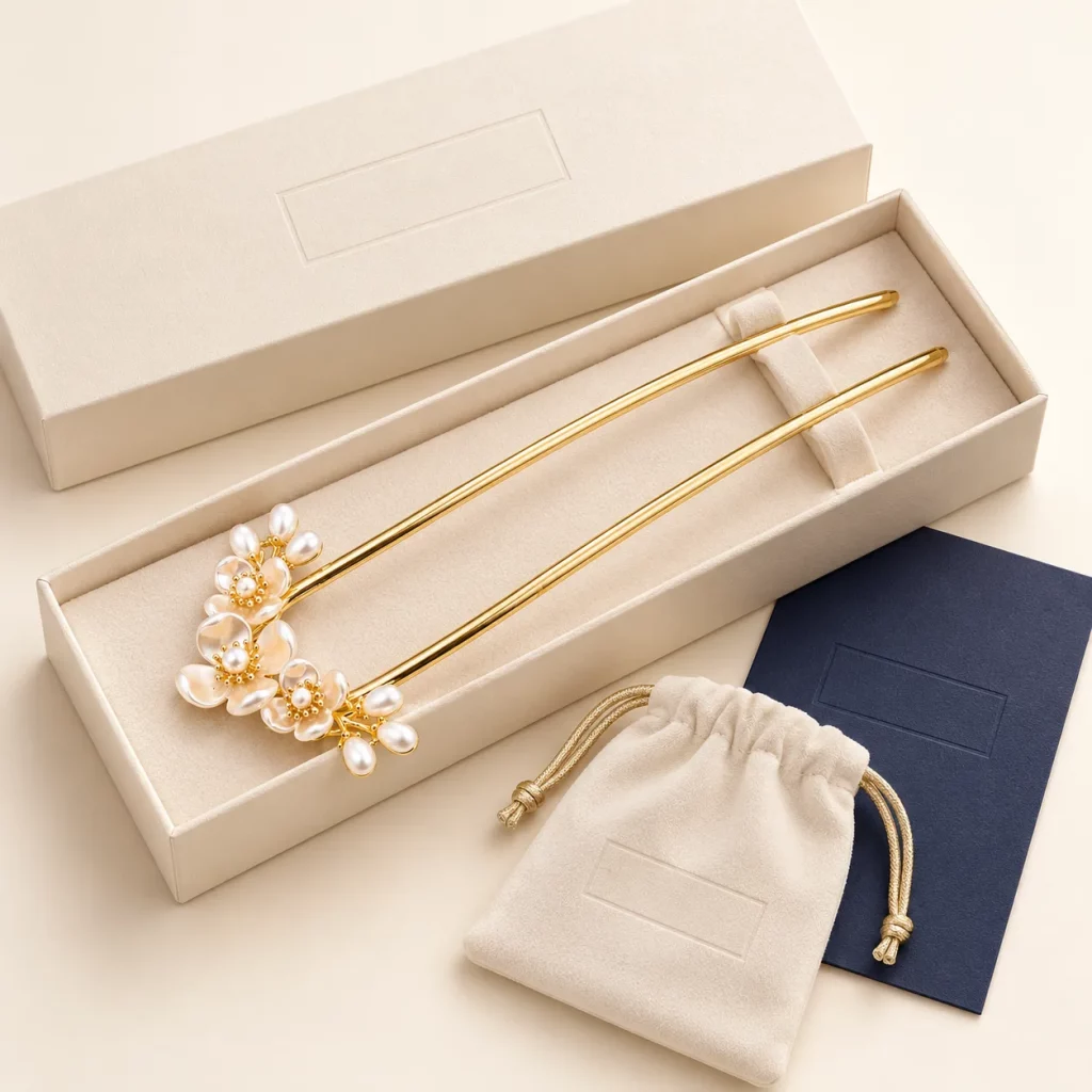Gold-tone double-prong floral hair pin displayed in a presentation box with a protective pouch and packaging insert.