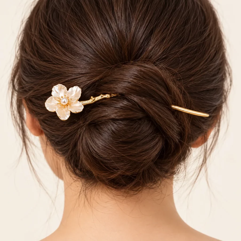 Gold-tone floral hair stick with iridescent petals and a pearl center worn through a low bun to show the finished styling effect.