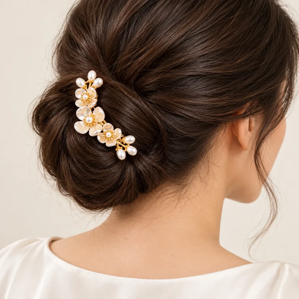 Gold-tone floral hair pin with iridescent petals and pearl accents worn in a low bun to show placement and finished appearance.