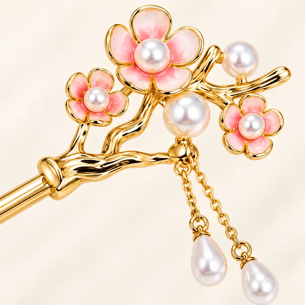 gold tone pink flower pearl hair stick detail