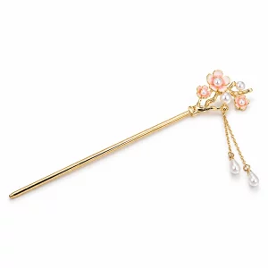 gold tone pink flower pearl tassel hair stick