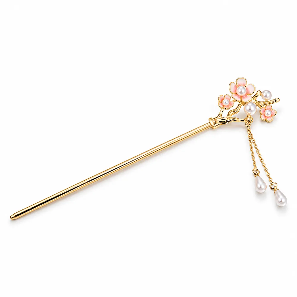 gold tone pink flower pearl tassel hair stick