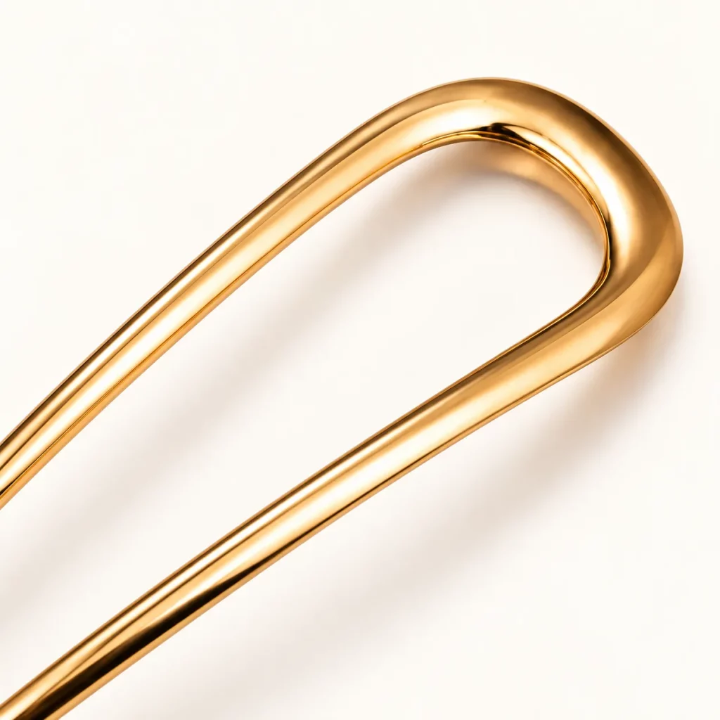 Close-up of the rounded U-shaped bend on a gold-tone two-prong hair fork, showing its smooth polished finish and curved profile.