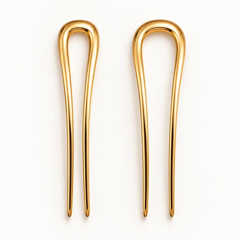 Close-up comparison of gold-tone U-shaped hair forks showing different spacing between the two prongs for custom fit and styling requirements.