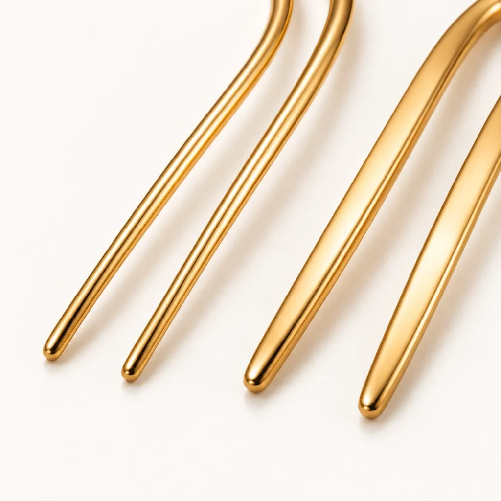 Close-up comparison of gold-tone U-shaped hair fork prongs showing different thicknesses and rounded tip profiles.