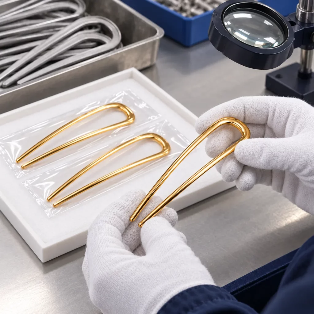 Worker inspecting a finished gold-tone U-shaped two-prong hair fork before protective packaging and final shipment preparation.