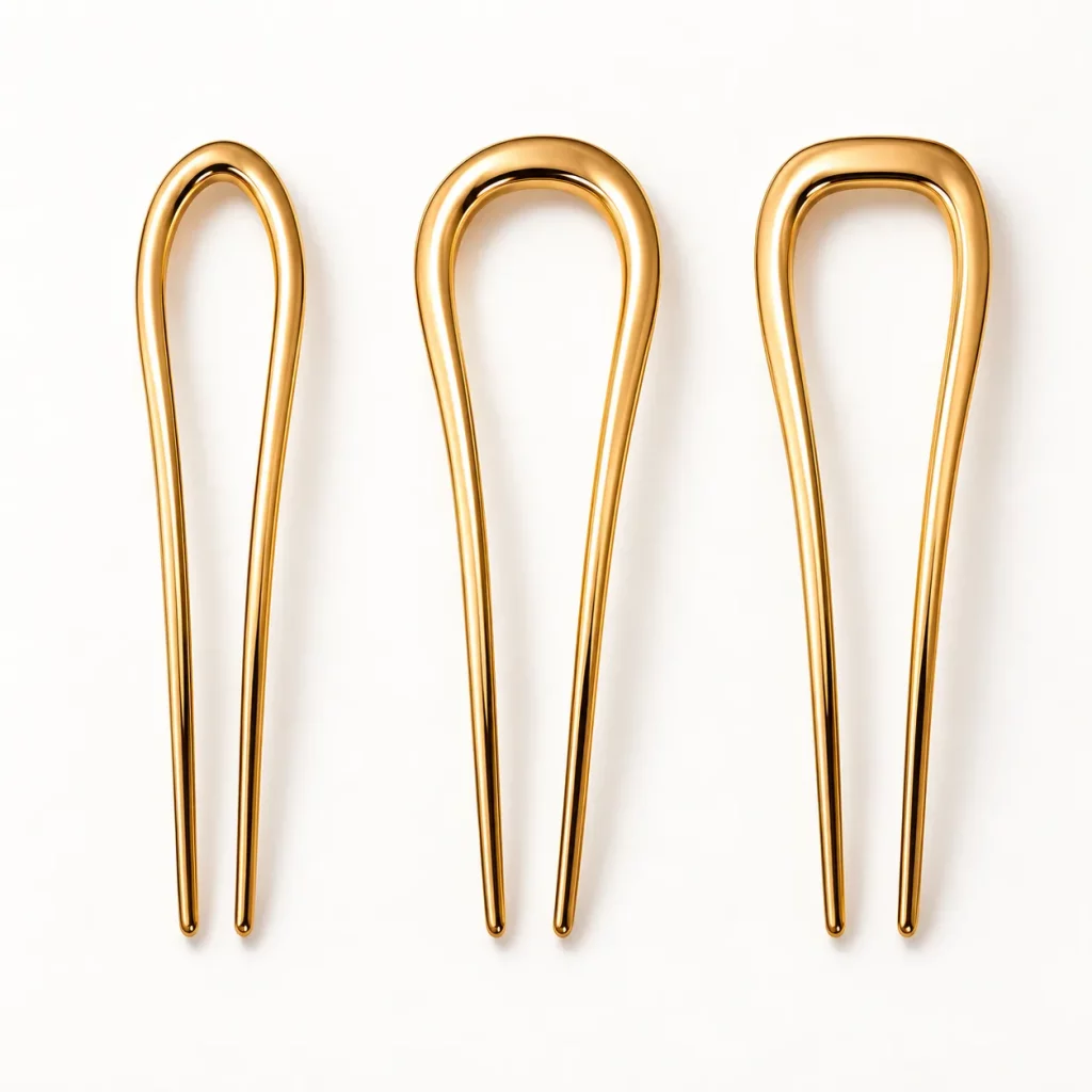 Three gold-tone U-shaped two-prong hair forks showing different overall proportions and curved top profiles for custom design selection.