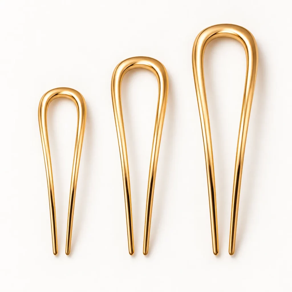 Three gold-tone U-shaped two-prong hair forks in different lengths and sizes for custom hair accessory development.