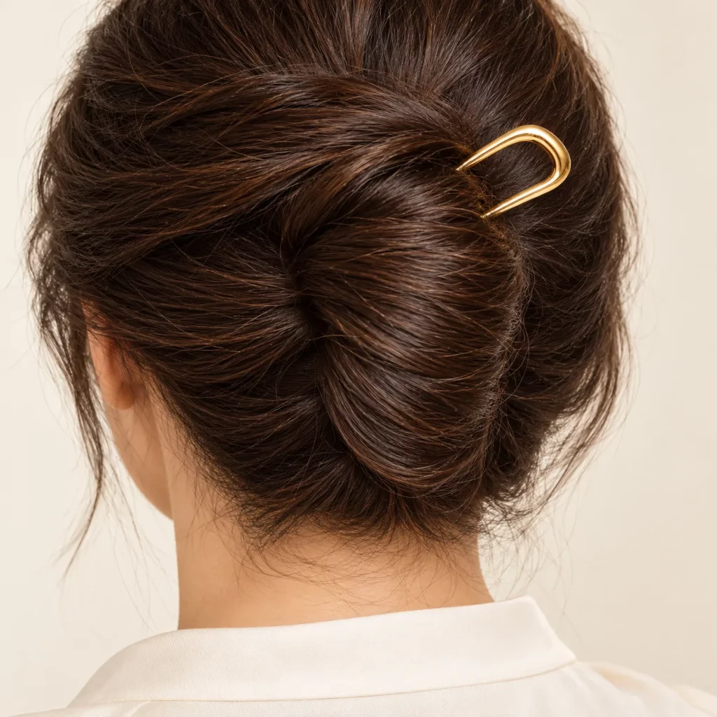 Gold-tone U-shaped two-prong hair fork worn in a twisted bun to show its minimalist styling and hair-holding effect.