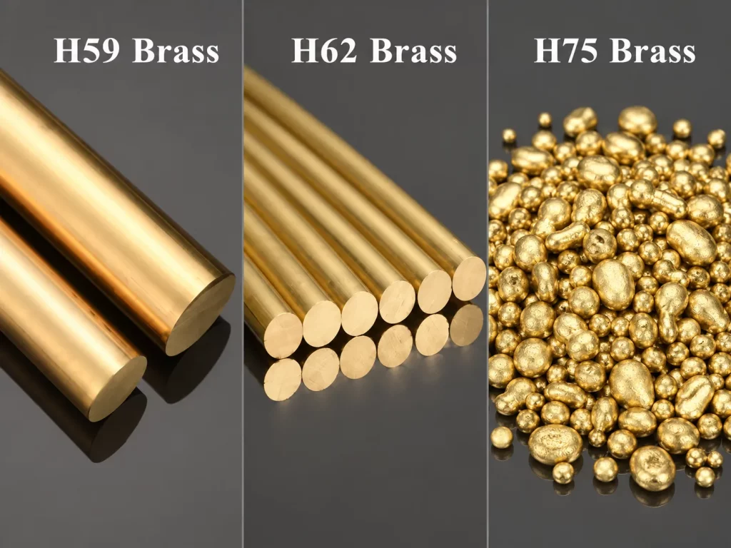 Comparison of H59 brass rods, H62 brass rods, and H75-labeled brass casting granules used in custom jewelry manufacturing.
