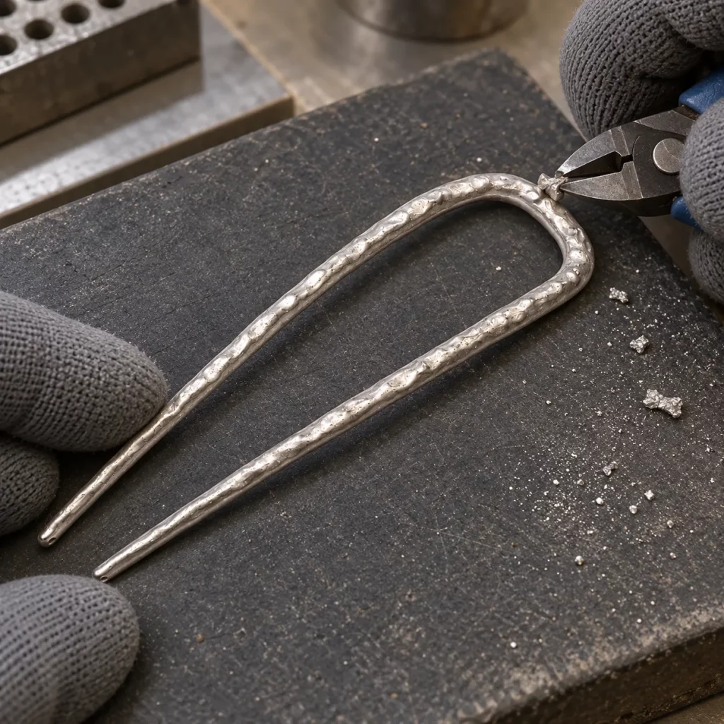 Worker trimming excess metal from an unfinished hammered U-shaped two-prong hair fork casting before polishing and plating.