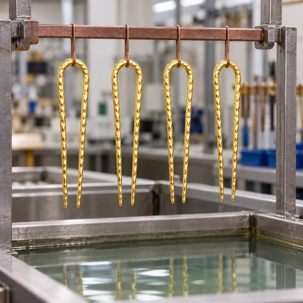 Four hammered U-shaped two-prong hair forks hanging on a plating rack with a gold-tone finish during the surface treatment process.