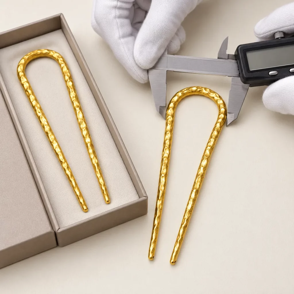 Worker checking the dimensions and overall finish of hammered gold-tone U-shaped hair forks with a digital caliper during quality inspection.