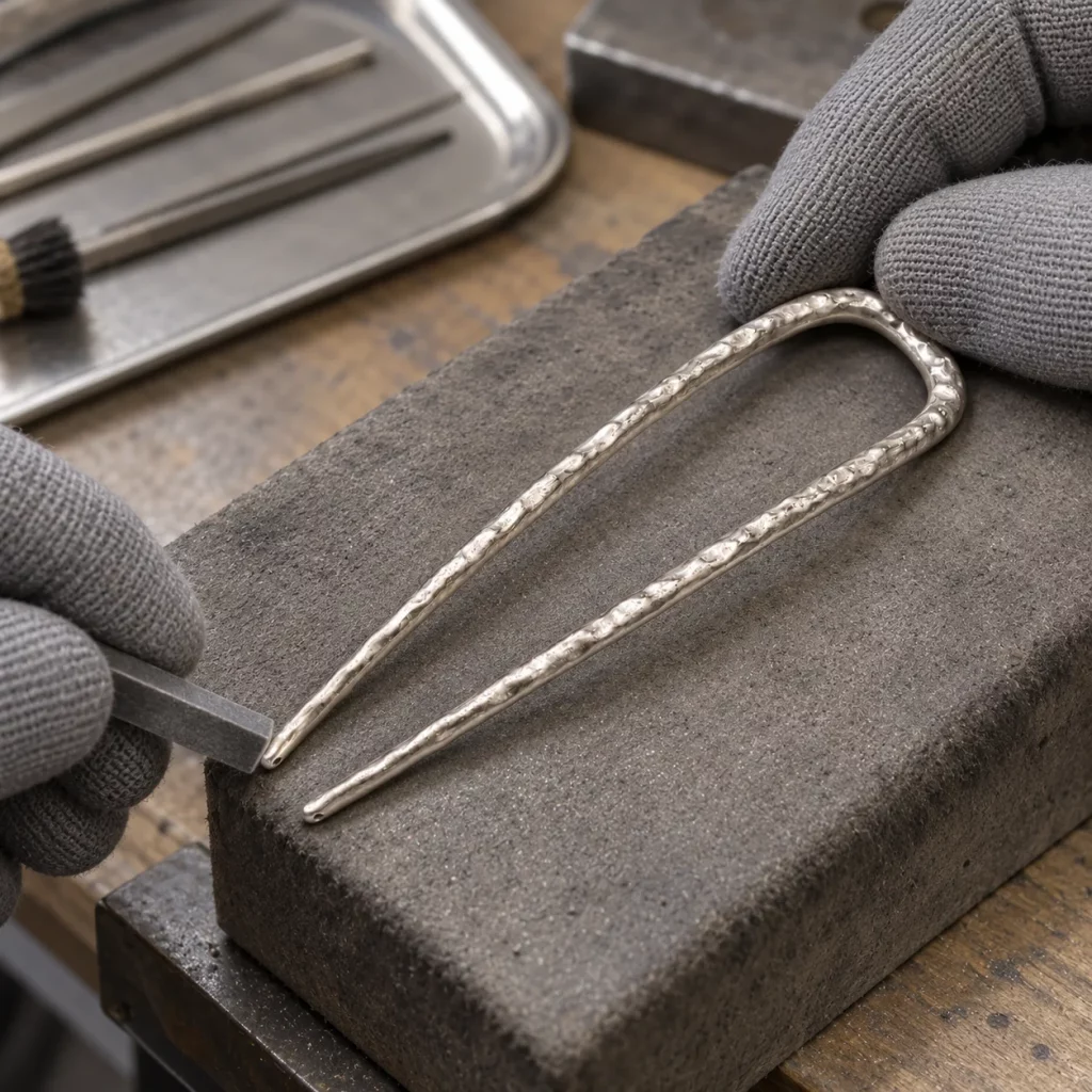 Worker hand-finishing the surface of an unfinished hammered U-shaped two-prong hair fork before polishing and plating.