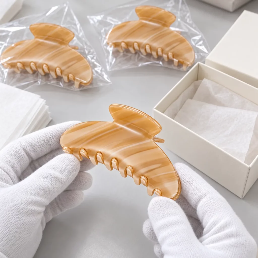 Quality inspection of a honey striped cellulose acetate hair claw clip before packaging.