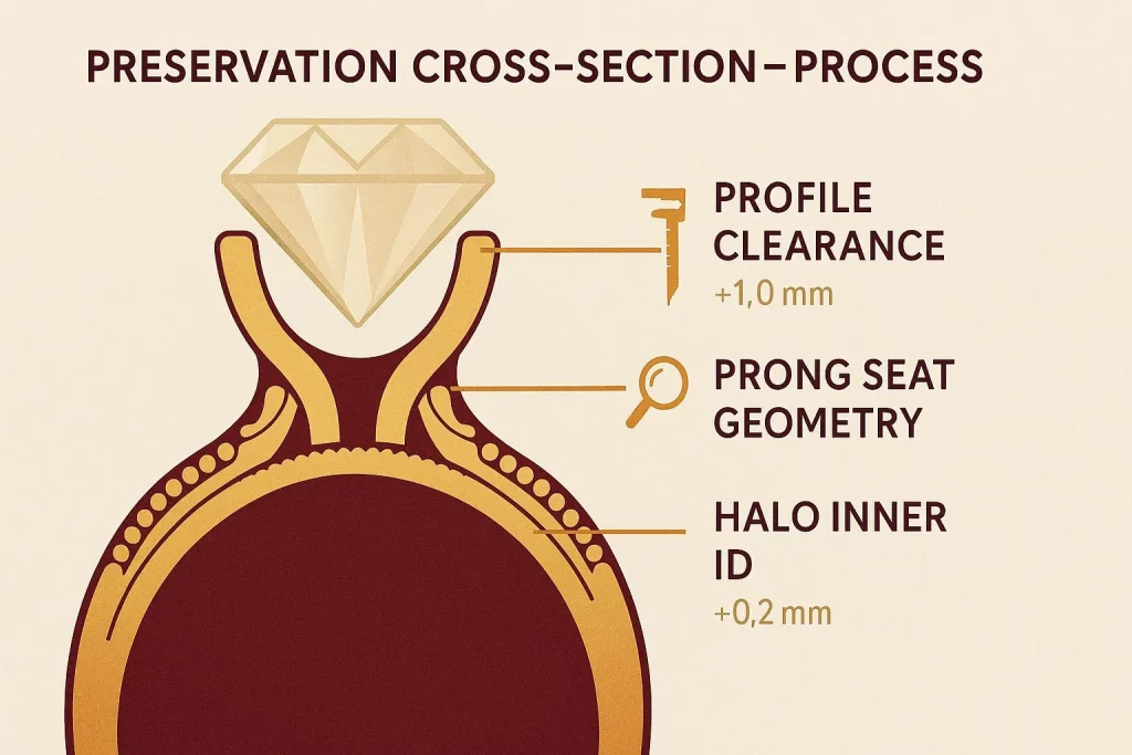Technical cross-section illustration of a gemstone setting showing prong seat geometry, stone clearance, and halo structure.
