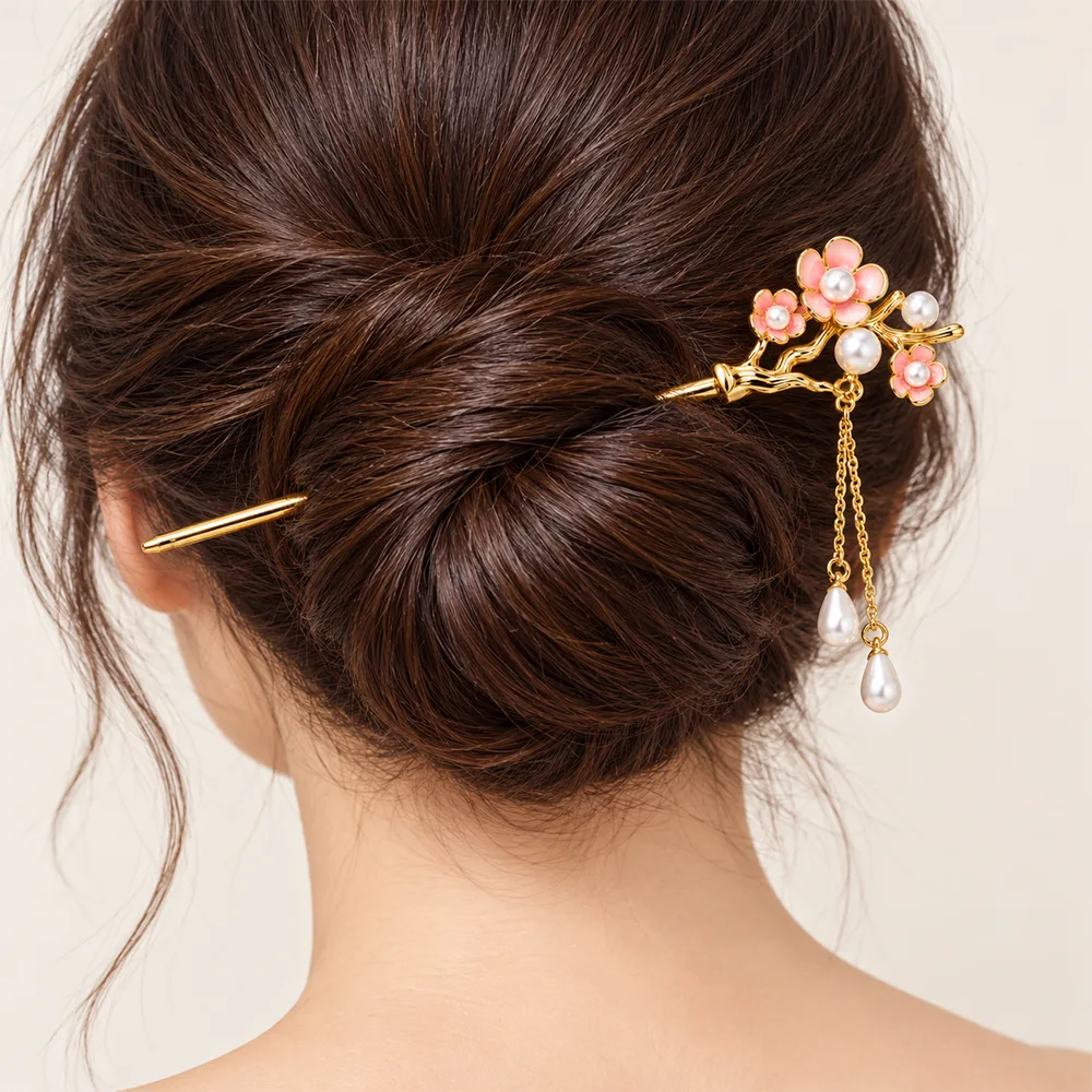 gold tone pink flower pearl tassel hair stick
