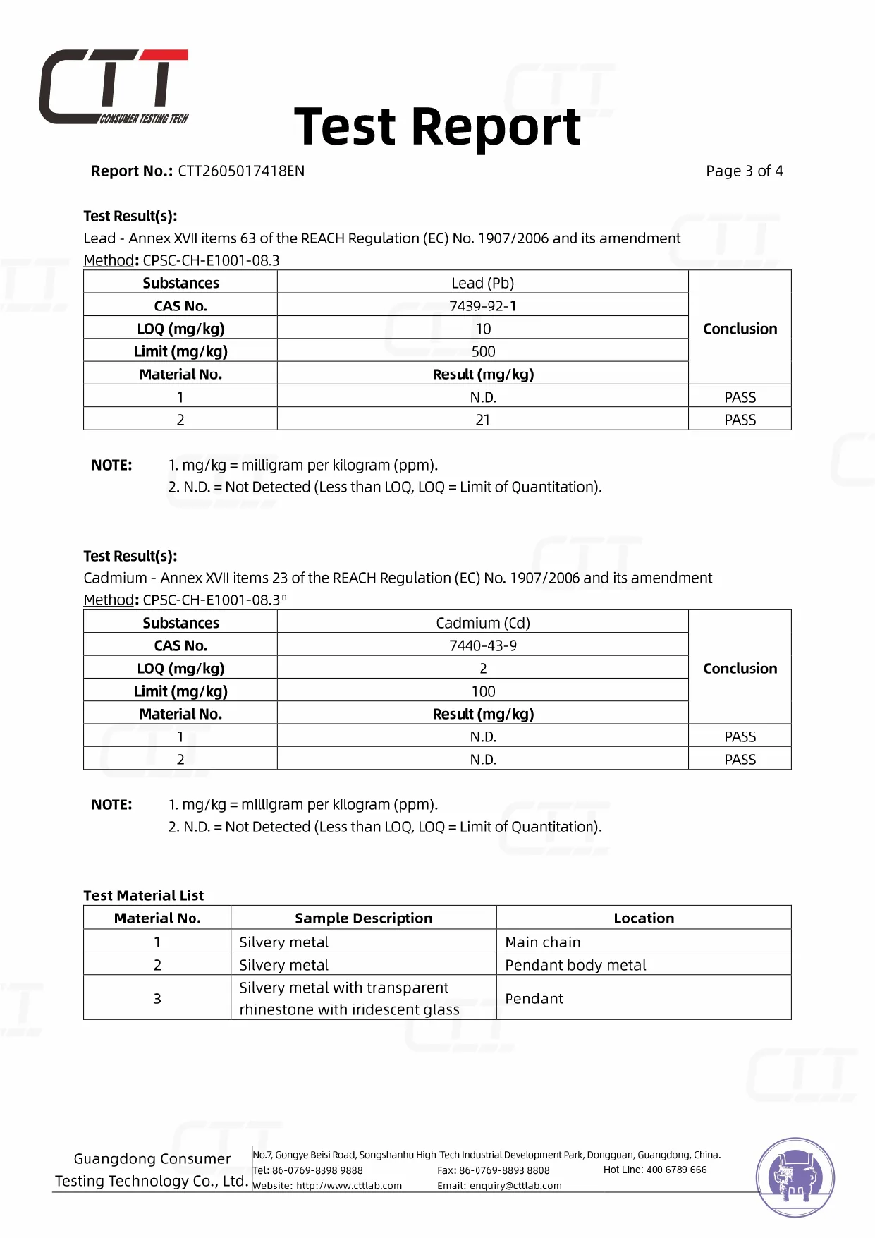 CTT lead and cadmium test results for the Rainbow Oval Crystal Pendant, with Pass conclusions and a material list identifying the chain, pendant body, transparent stone, and iridescent glass components.