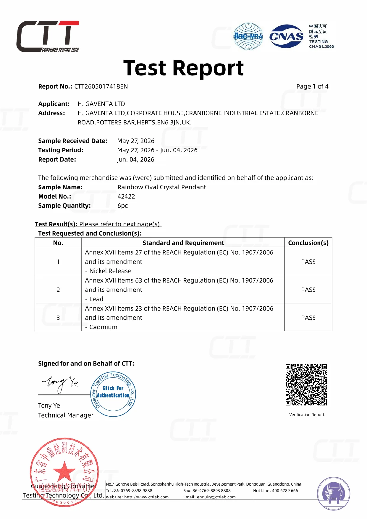 First page of CTT Test Report CTT2605017418EN for the Rainbow Oval Crystal Pendant, showing sample information and Pass conclusions for nickel release, lead, and cadmium.