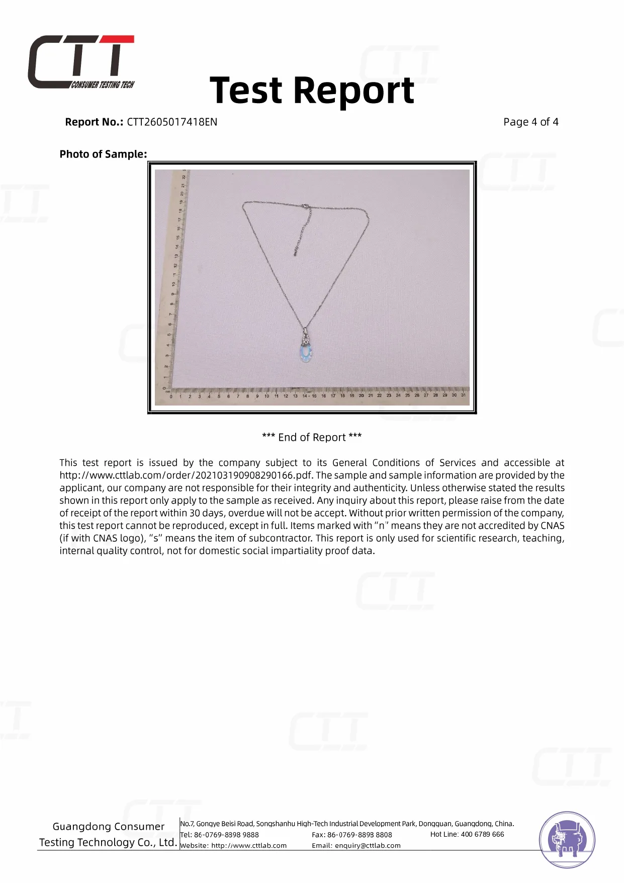 CTT test sample photo showing the complete Rainbow Oval Crystal Pendant necklace and chain beside measuring rulers for sample identification.