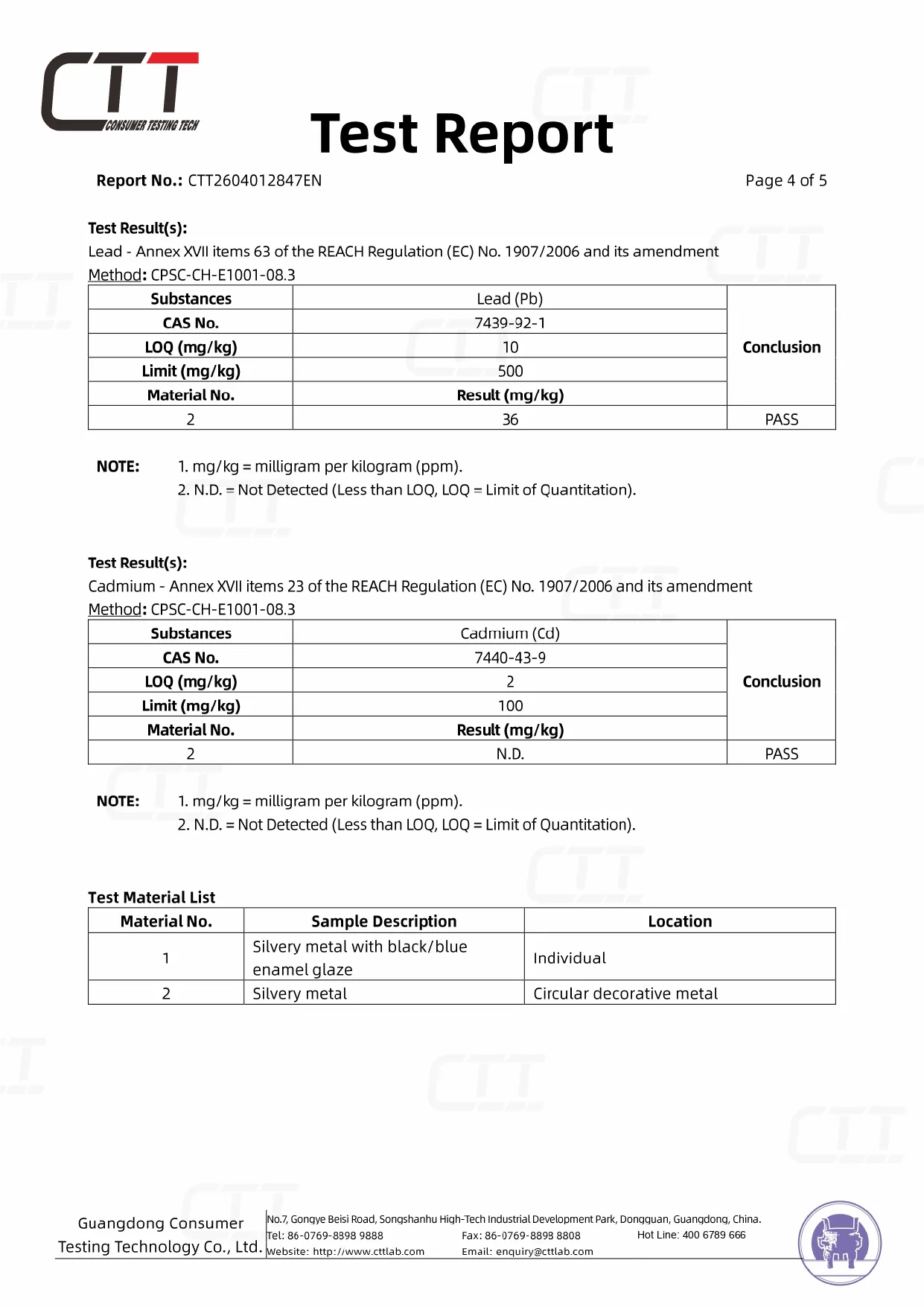 CTT lead and cadmium test results for round enamel cufflinks, showing 36 mg/kg lead and non-detected cadmium with Pass conclusions.
