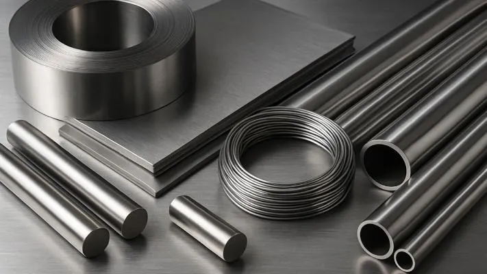 Stainless steel raw material forms including metal sheets, strips, round bars, wire coils, and hollow tubes for jewelry manufacturing.