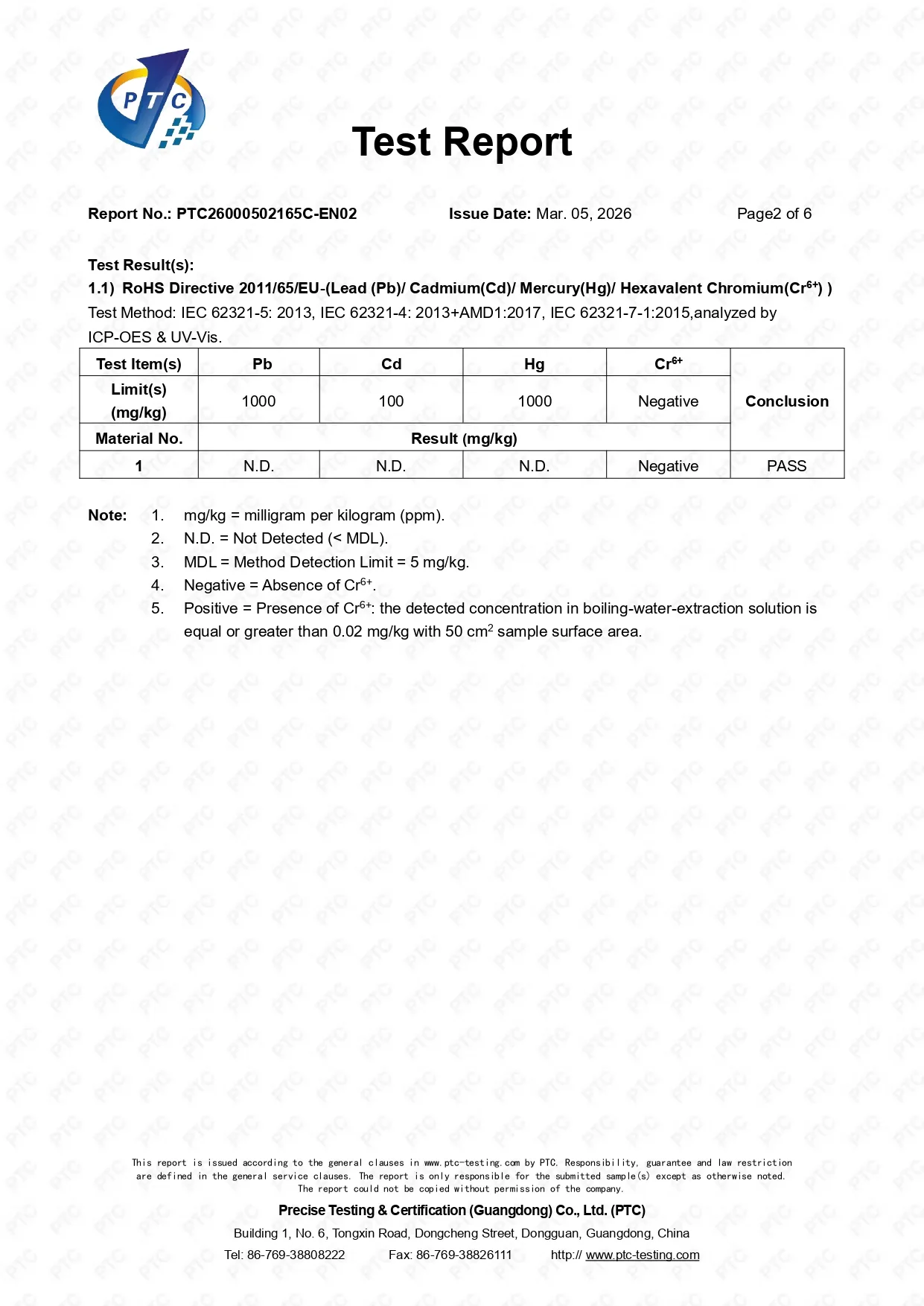 PTC RoHS test results for the TC4 titanium rod showing lead, cadmium, and mercury as not detected and hexavalent chromium as negative, with a Pass conclusion.