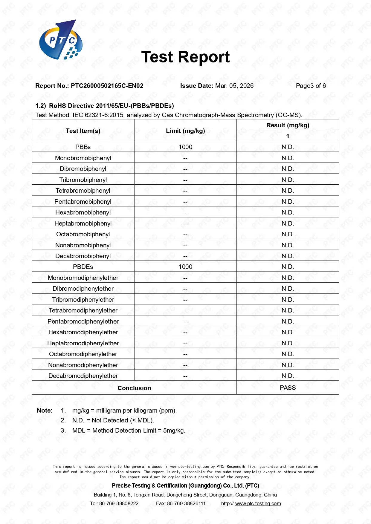 PTC RoHS test results for PBBs and PBDEs in the TC4 titanium rod, showing non-detected results and a Pass conclusion.