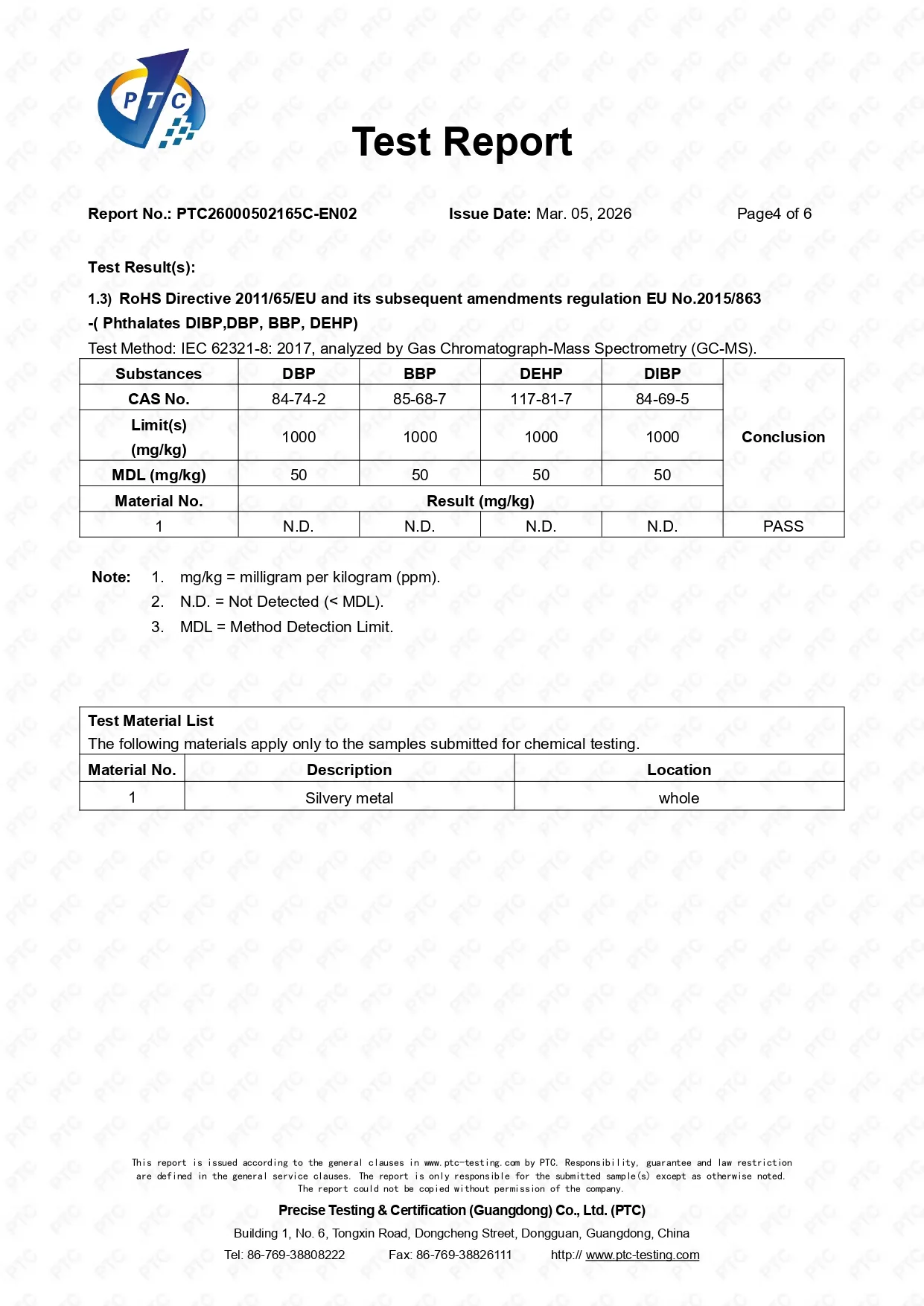PTC RoHS phthalates test results for the TC4 titanium rod showing DBP, BBP, DEHP, and DIBP as not detected, with a Pass conclusion.