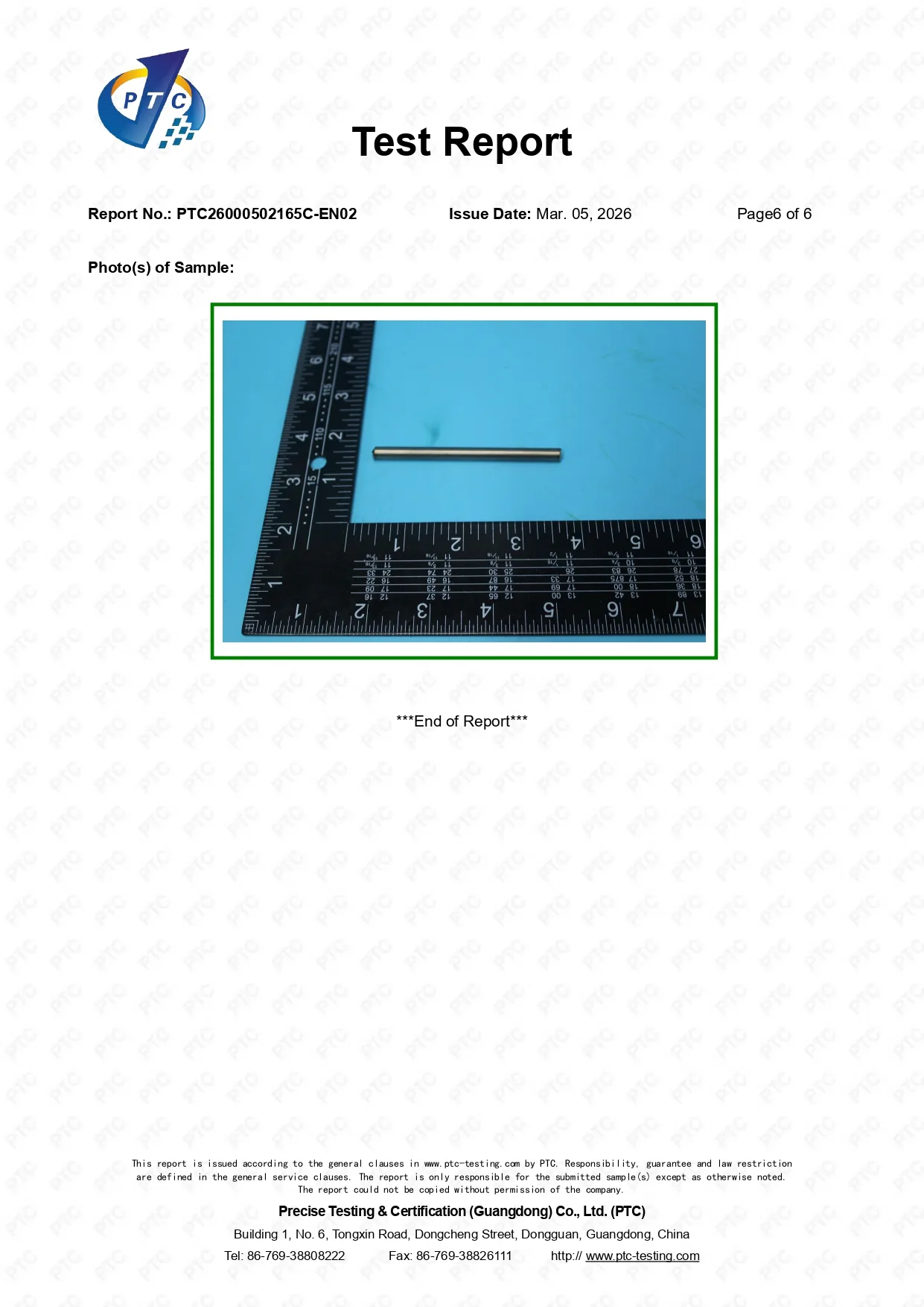 PTC test sample photo showing the submitted TC4 titanium rod beside a measuring ruler for sample identification.