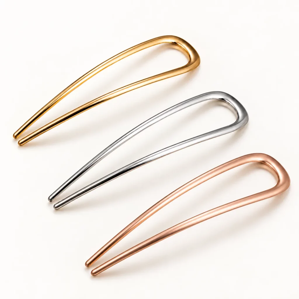 U-shaped two-prong hair forks shown in gold, silver, and rose gold-tone finishes for custom metal color selection.