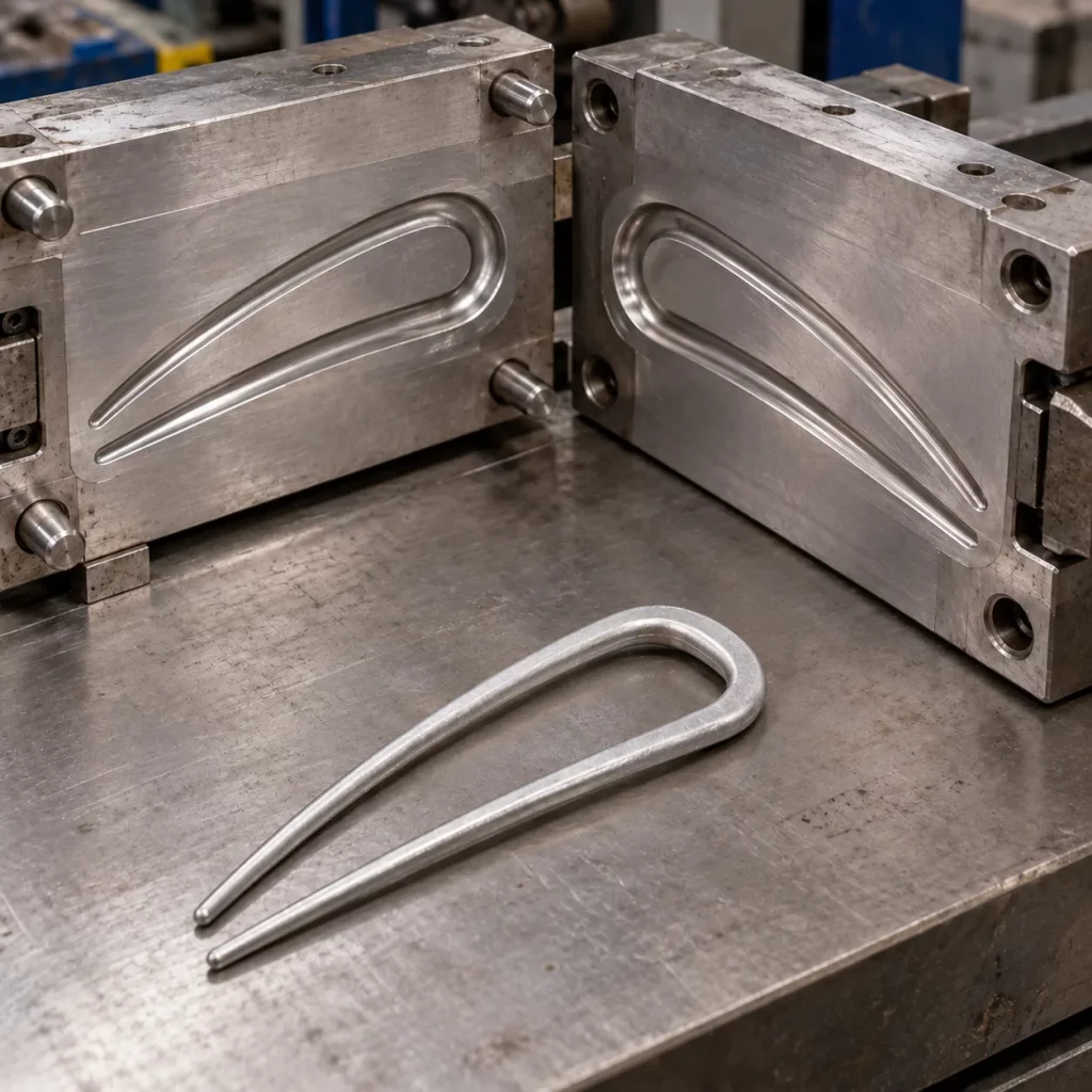 Metal mold for an U-shaped two-prong hair fork shown with an unfinished formed blank before trimming, polishing, and surface finishing.