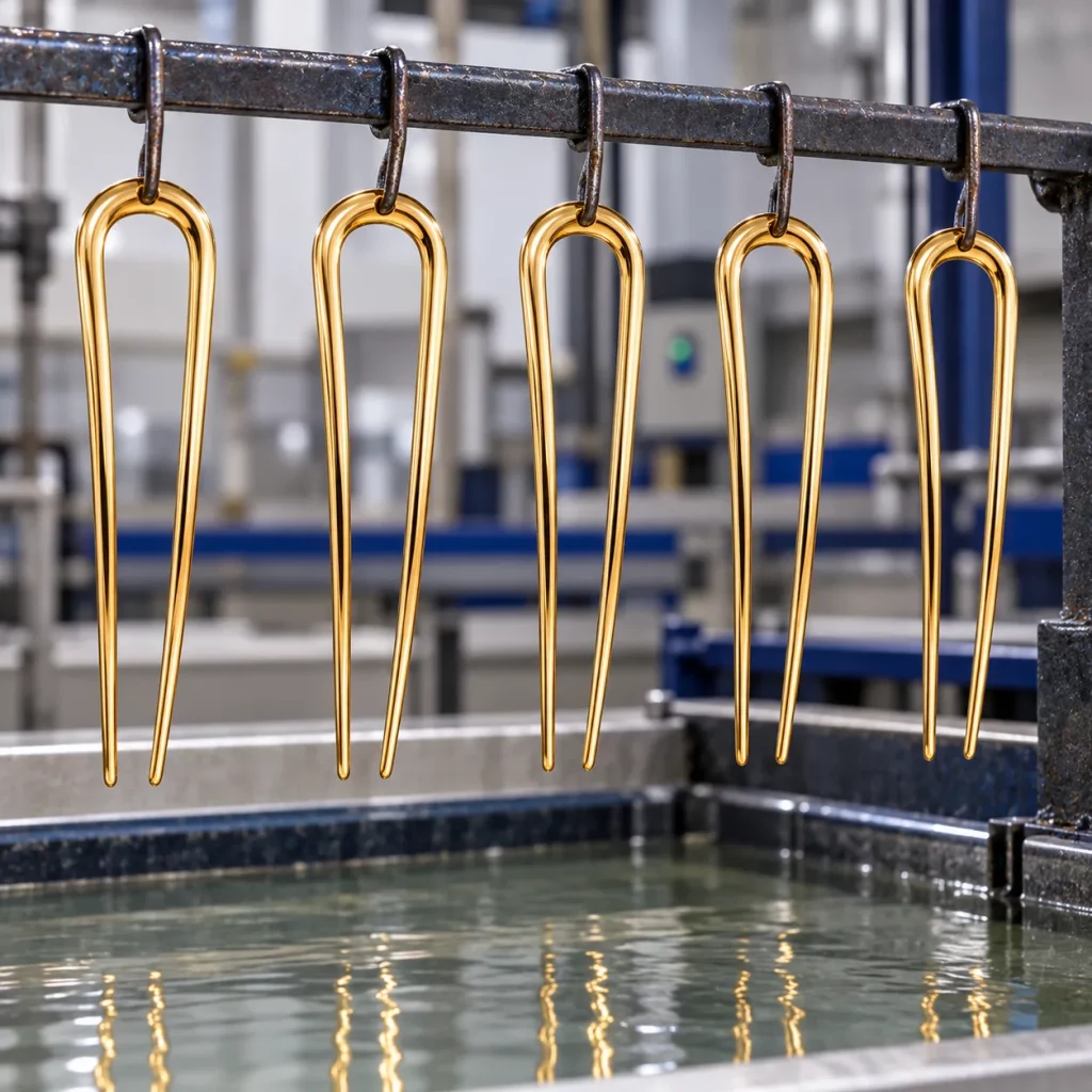 Multiple U-shaped two-prong hair forks hanging on a plating rack after gold-tone surface finishing during the production process.