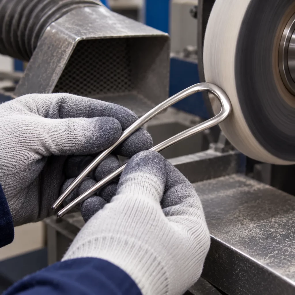 Worker polishing an unfinished U-shaped two-prong hair fork with a rotating polishing wheel to create a smooth metal surface.