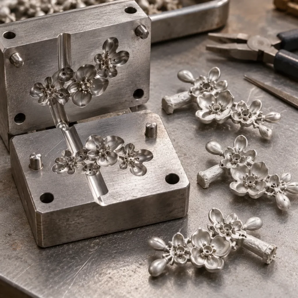 Zinc alloy floral hair pin frame casting shown with a metal mold and unfinished flower components before deburring and finishing.