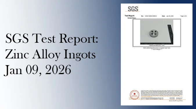 Featured image for the SGS California Proposition 65 test report of ZnAl4/ZX01 zinc alloy ingots for casting, issued January 9, 2026.