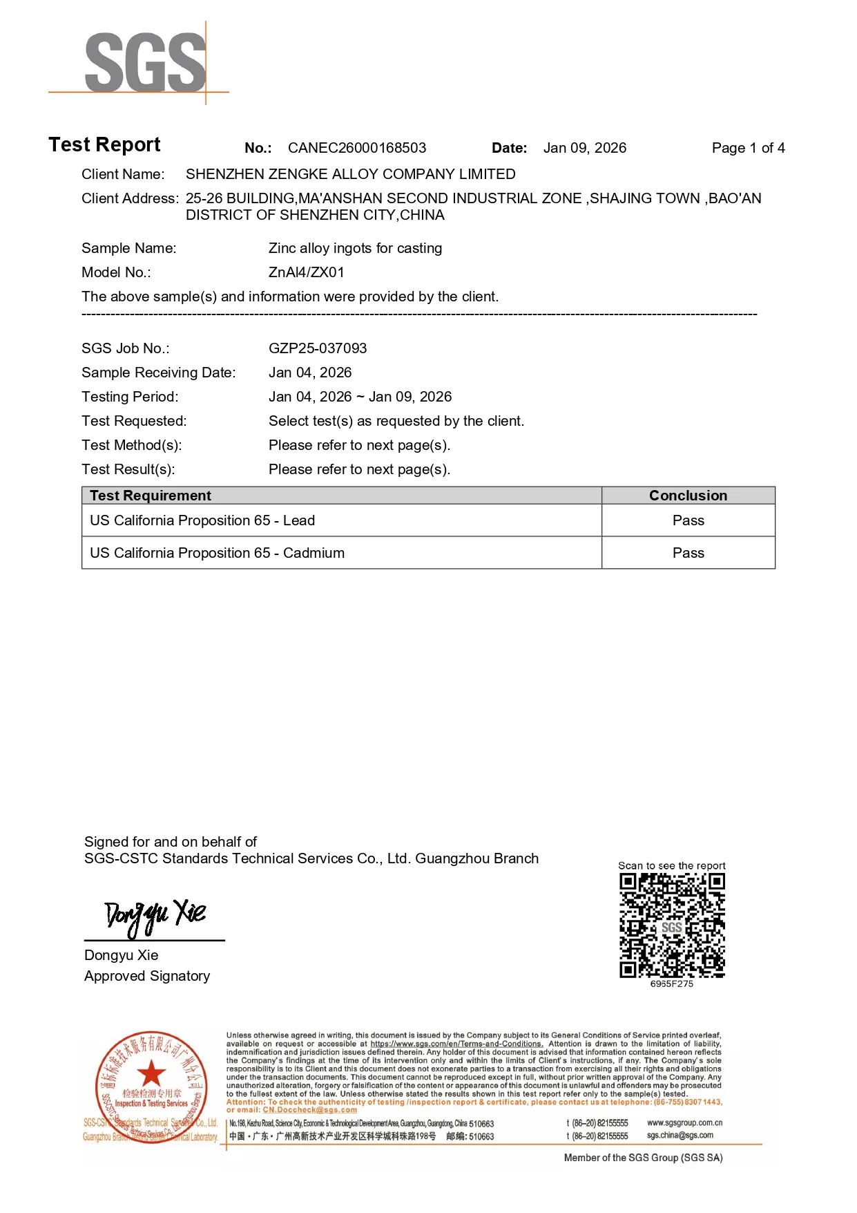 First page of the SGS California Proposition 65 test report for ZnAl4/ZX01 zinc alloy ingots, showing Pass conclusions for lead and cadmium testing.